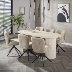 7er Essgruppe Retro Arch Organic 180 Travertin Keramik + Stühle Comfort