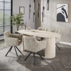 5er Set Essgruppe Arch Organic 180 Travertin + 4 Stühle Raster Boucle