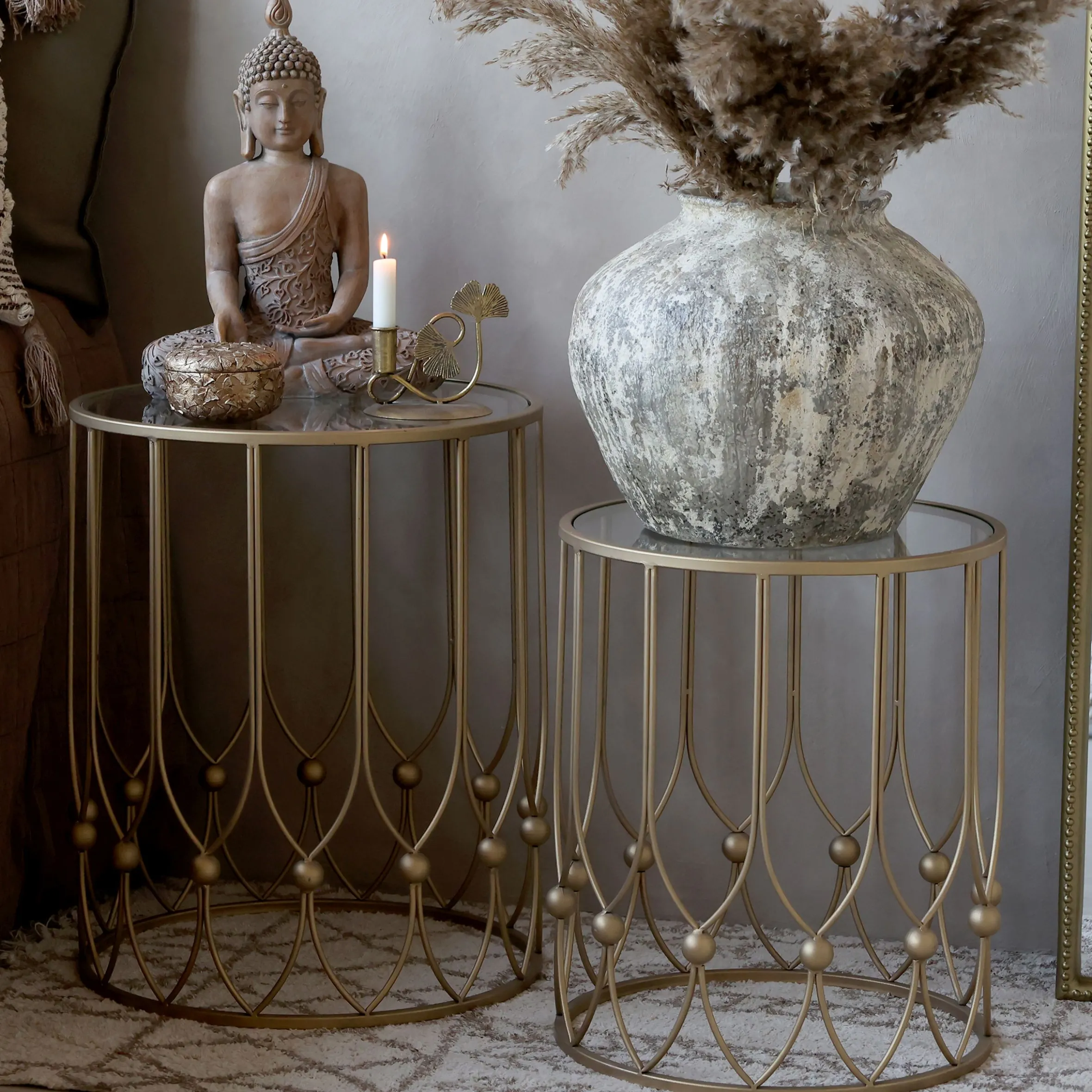 2er Set Vintage Beistelltisch Couchtisch Camille Gold Metall Glasplatte