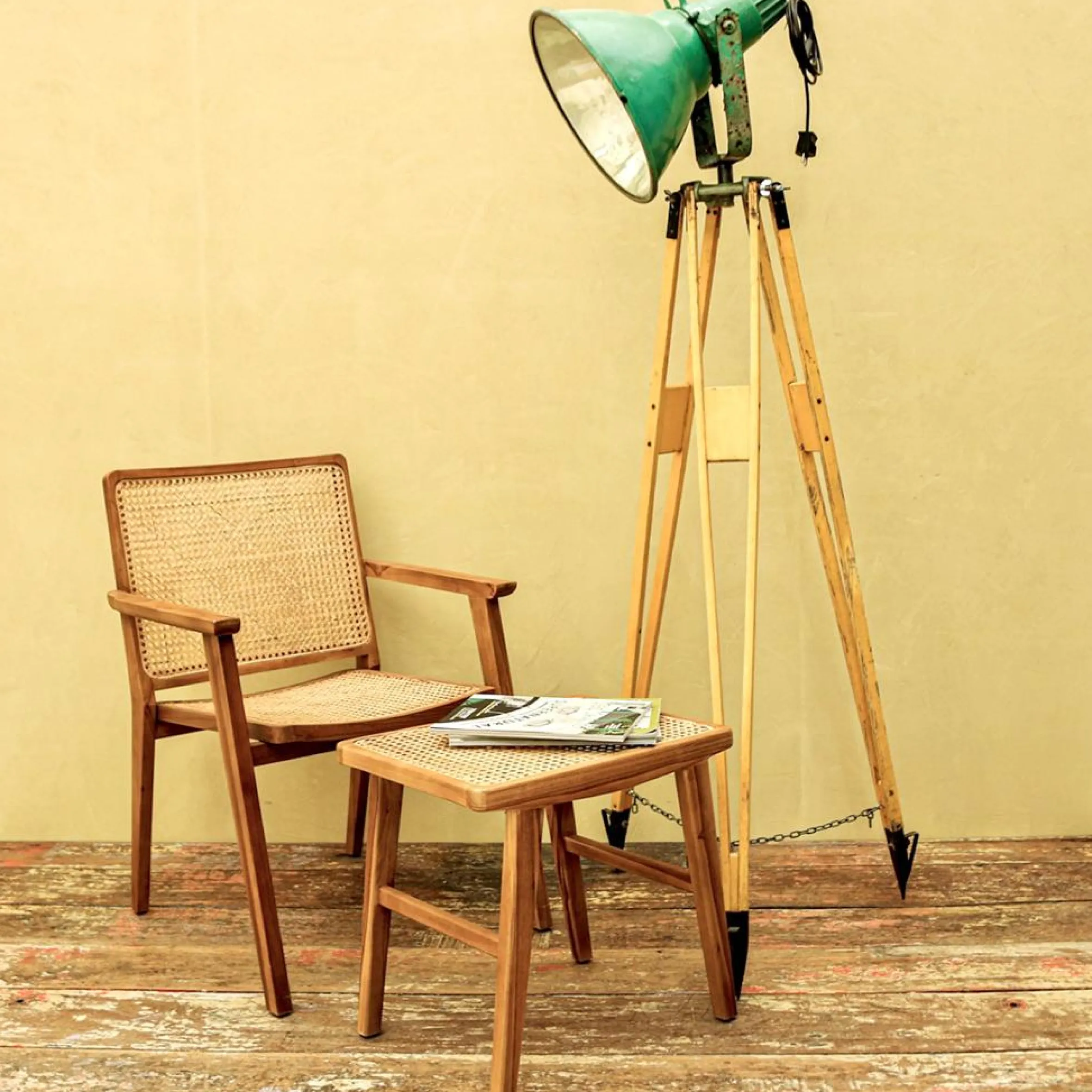 Esszimmerstuhl & Hocker Nova Teak Rattan Wiener Geflecht Armlehnen