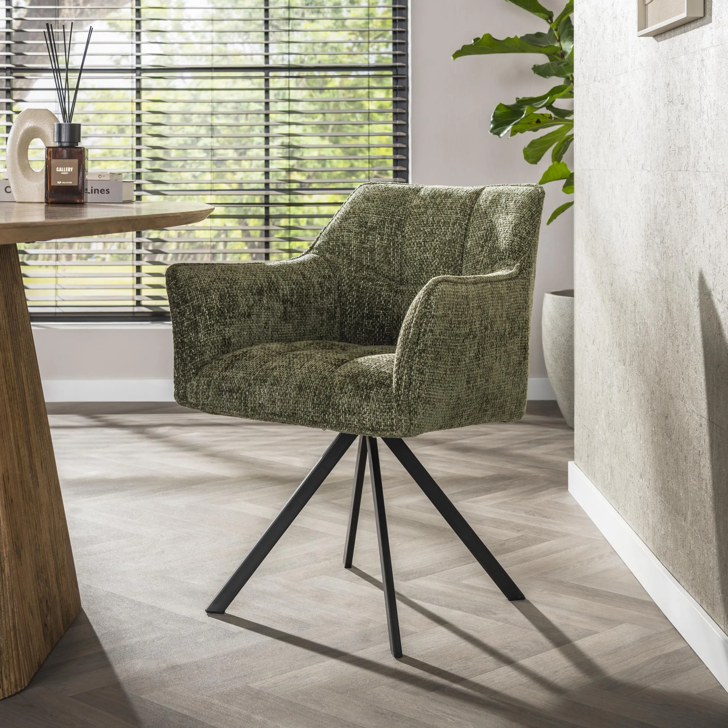 Esszimmerstuhl Armlehnstuhl Raster Drehbar Strukturstoff Grün