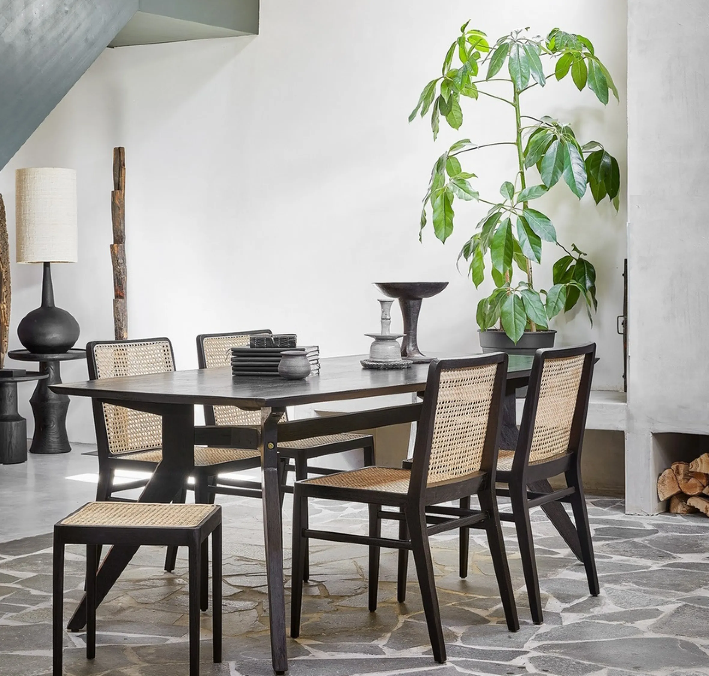 Esszimmerstuhl Novita Teak Rattan Wiener Geflecht Schwarz