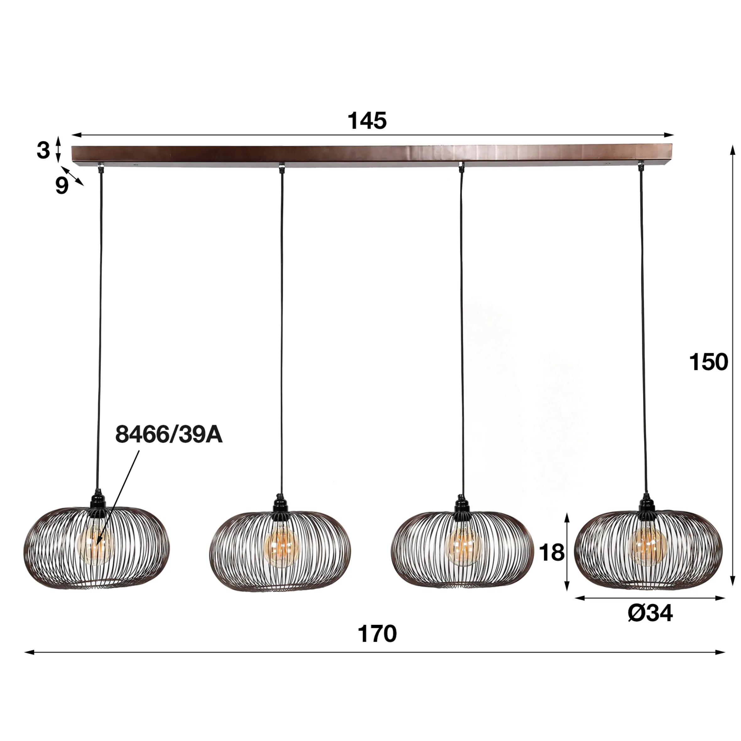 Hängelampe Industrial Kupferdraht Twist 4x Ø 35cm