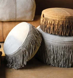 Hocker Leder Carla Pouf Camel Fransen 50 Ø