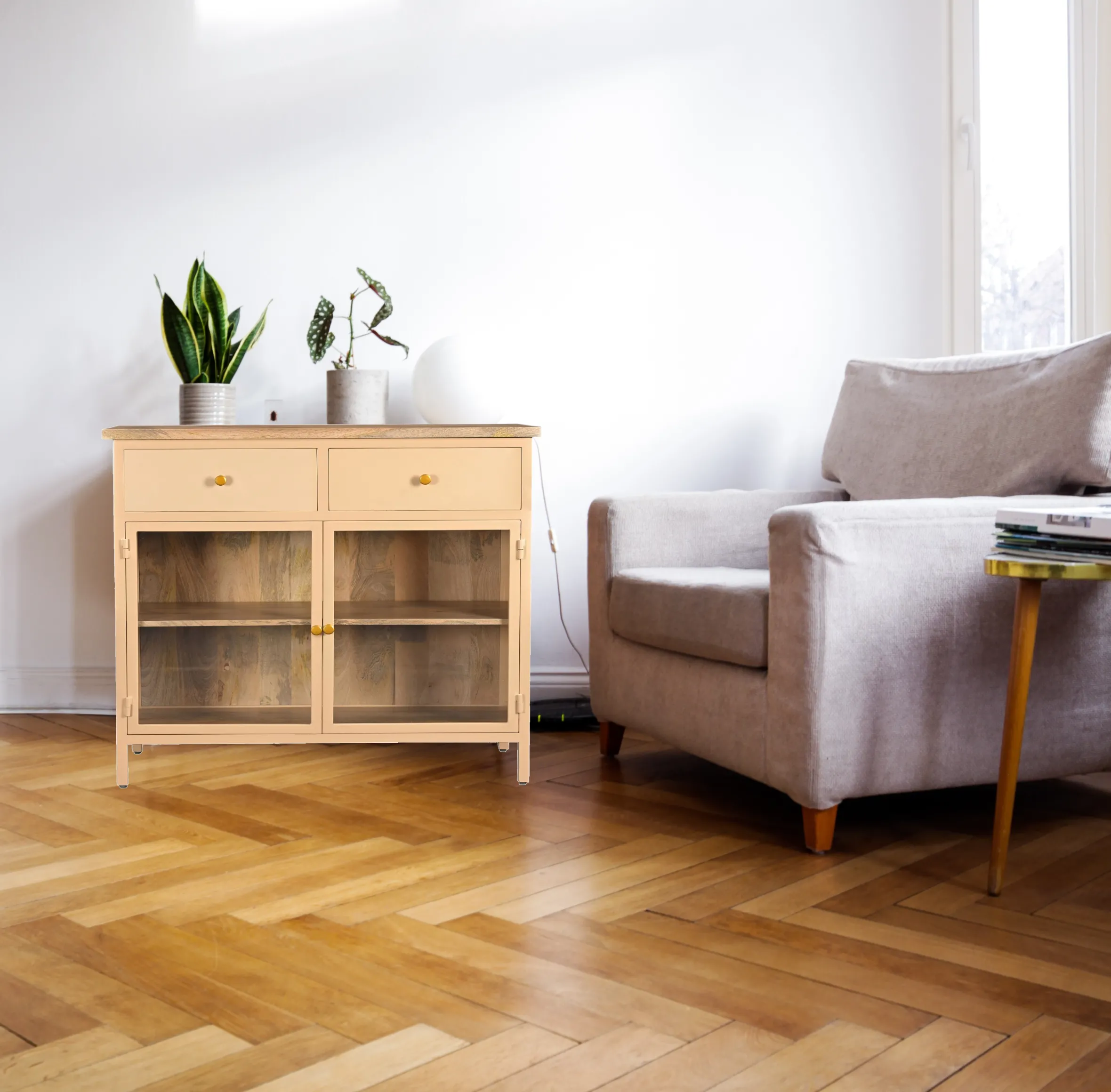 Landhaus Sideboard Vintage 2türig Provence Metall Holz Champagner