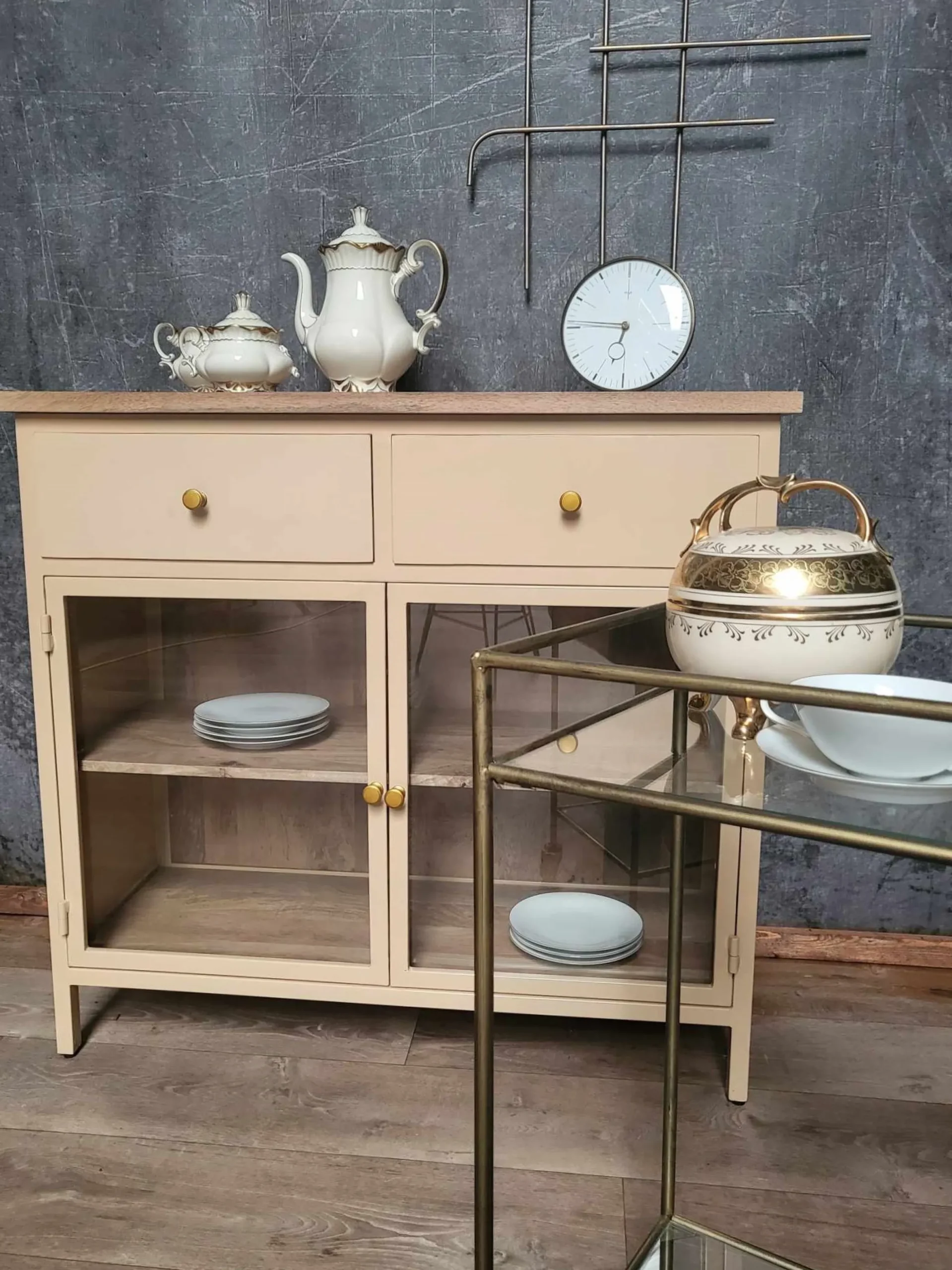 Landhaus Sideboard Vintage 2türig Provence Metall Holz Champagner