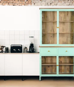 Landhaus Vitrine Küchenbuffet Provence Vintage Metall Holz Azure 200