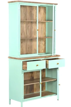 Landhaus Vitrine Küchenbuffet Provence Vintage Metall Holz Azure 200