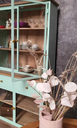 Landhaus Vitrine Küchenbuffet Provence Vintage Metall Holz Azure 200