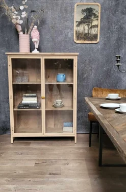 Landhaus Vitrine Provence Vintage Metallkorpus Holz Champagner 130