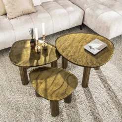 Retro Beistelltische Eclipse Glas Metall Dreibeinig Antik-Gold S