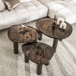 Retro Beistelltische Eclipse Glas Metall Dreibeinig Antik-Kupfer L