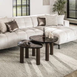 Retro Beistelltische Eclipse Glas Metall Dreibeinig Antik-Kupfer L