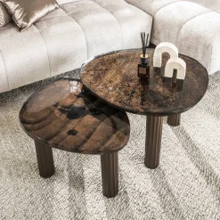 Retro Beistelltische Eclipse Glas Metall Dreibeinig Antik-Kupfer L