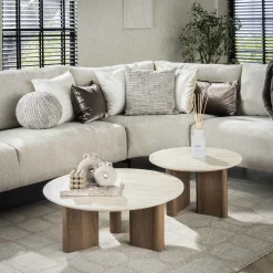 Retro Couchtisch 2er Set Romano Travertin Keramik Rund