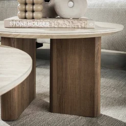 Retro Couchtisch 2er Set Romano Travertin Keramik Rund