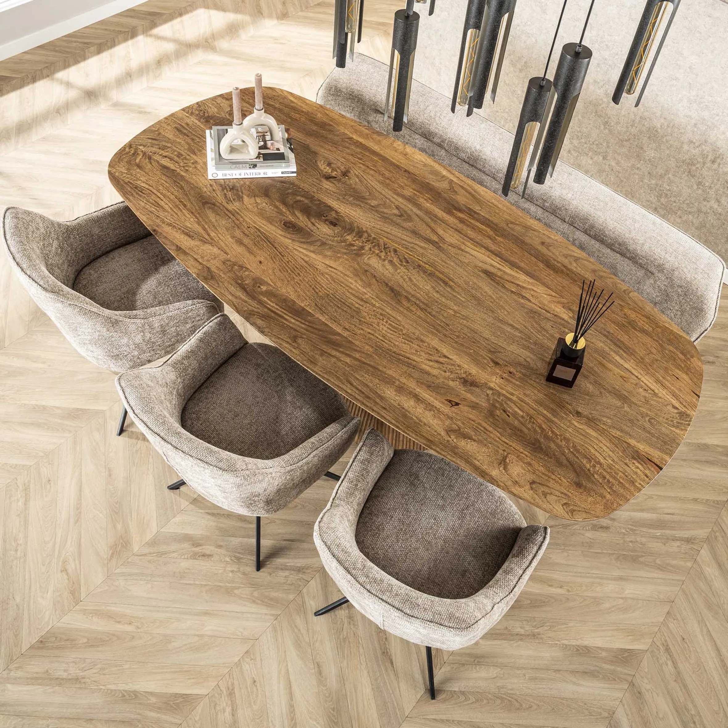 Retro Esstisch Mangoholz Wave 215 cm oval gerilltes konisches Bein