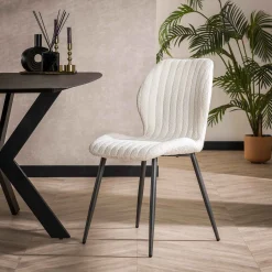 Retro Esstischstuhl Esszimmerstuhl Chevron Bouclé Weiß