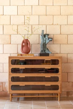 Retro Kommode Sideboard Caroun Bambus Rauchglas