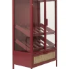 Retro Weinregal Barschrank Vitrine Mori Rot Rattangeflecht