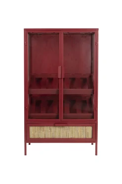 Retro Weinregal Barschrank Vitrine Mori Rot Rattangeflecht