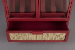 Retro Weinregal Barschrank Vitrine Mori Rot Rattangeflecht