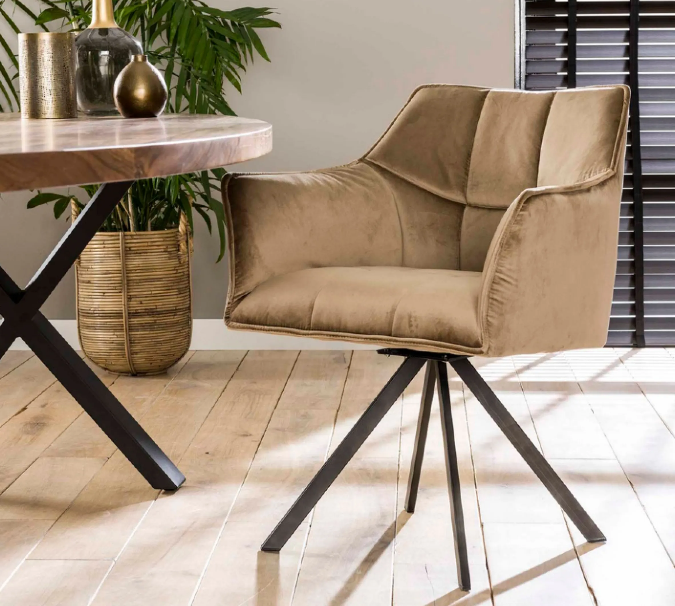 Set Esstischbank Polsterbank Raster + 2 Armlehnstühle Samt Champagner