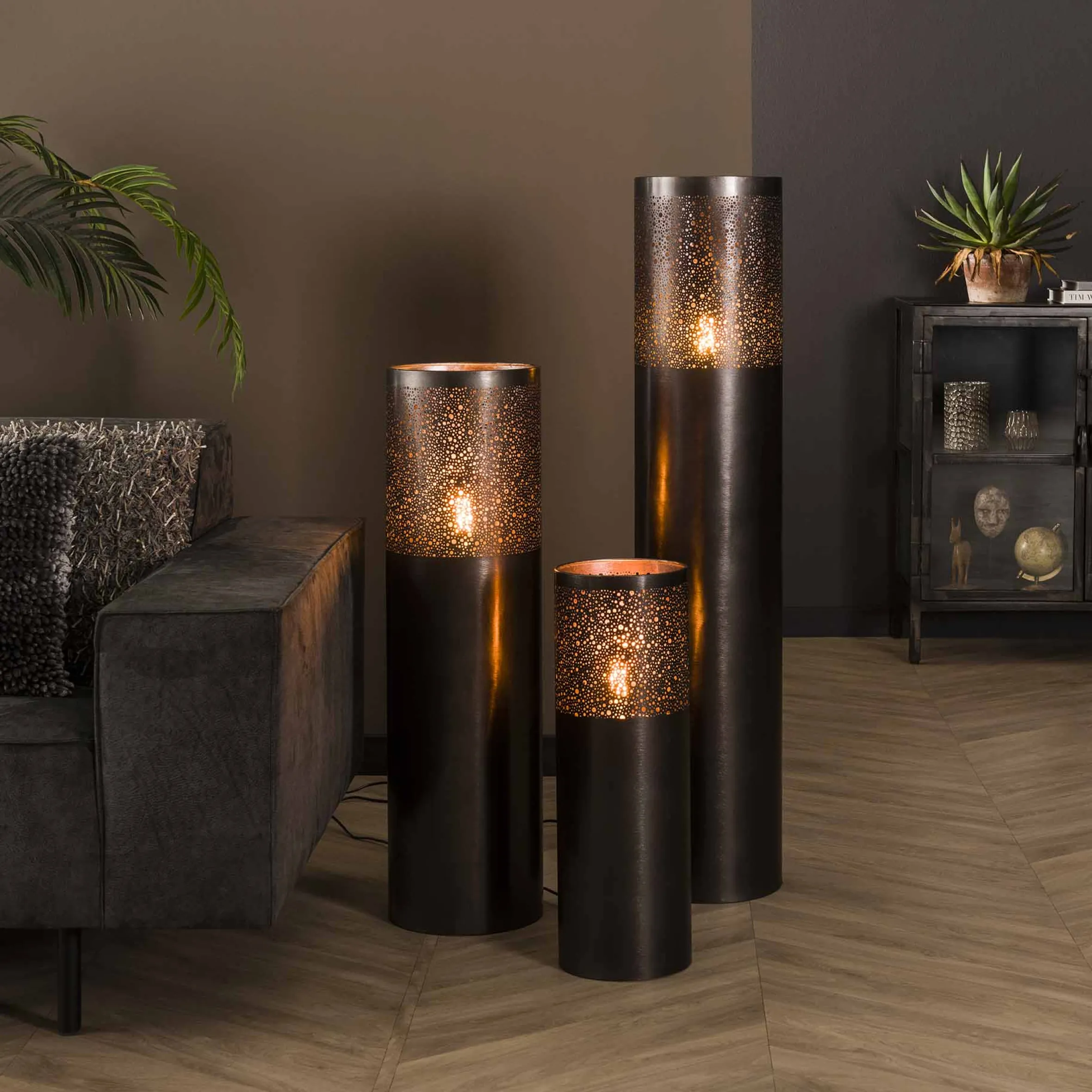 Stehlampe Industrial Zylinder Schwarz Nickel in drei Größen