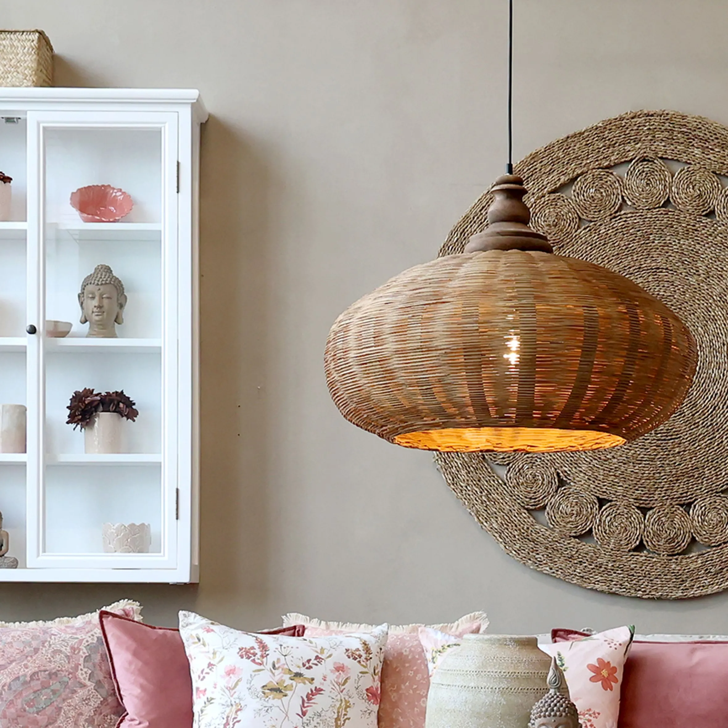 Vintage Hängelampe Chateau Rattangeflecht Mangoholz