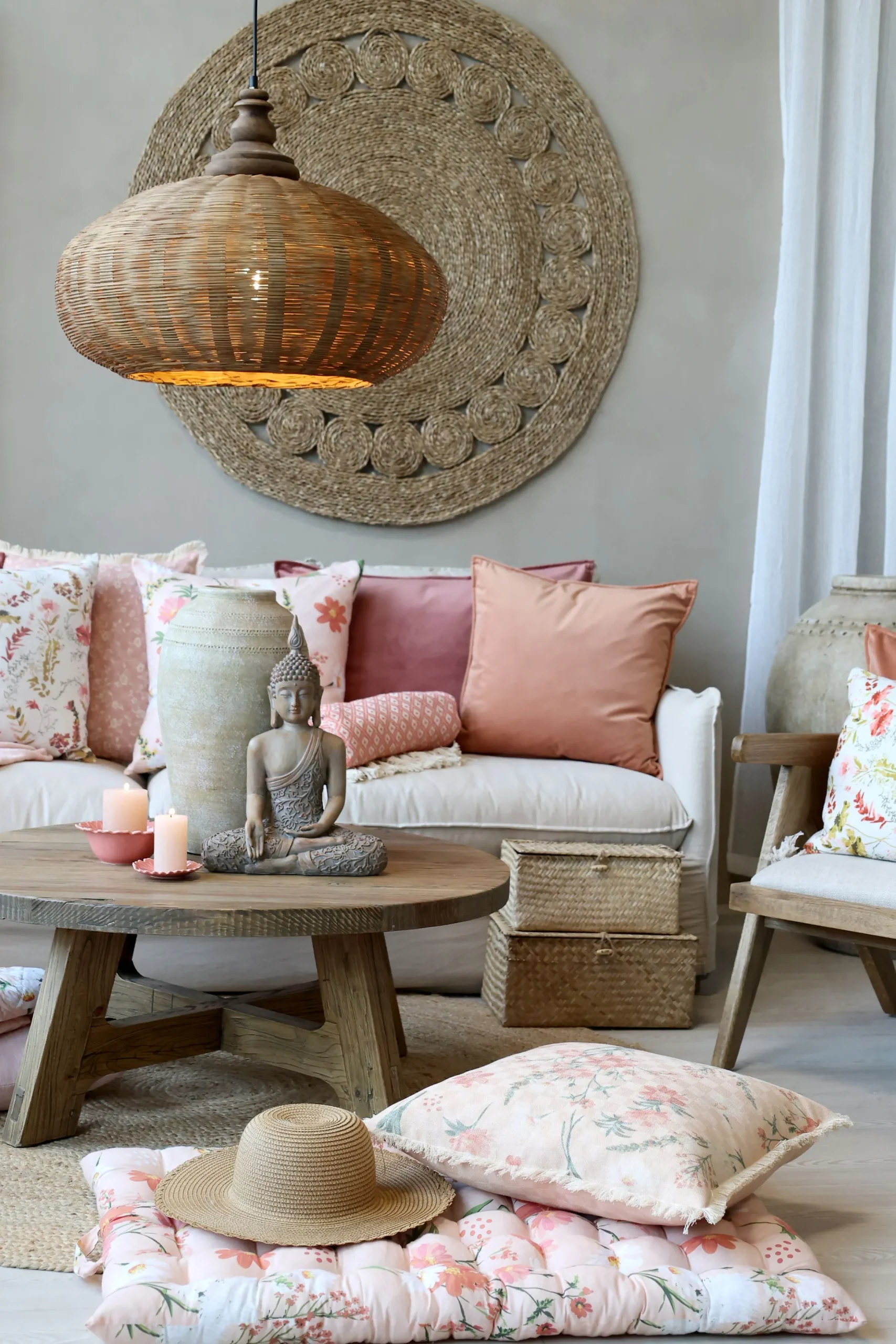 Vintage Hängelampe Chateau Rattangeflecht Mangoholz