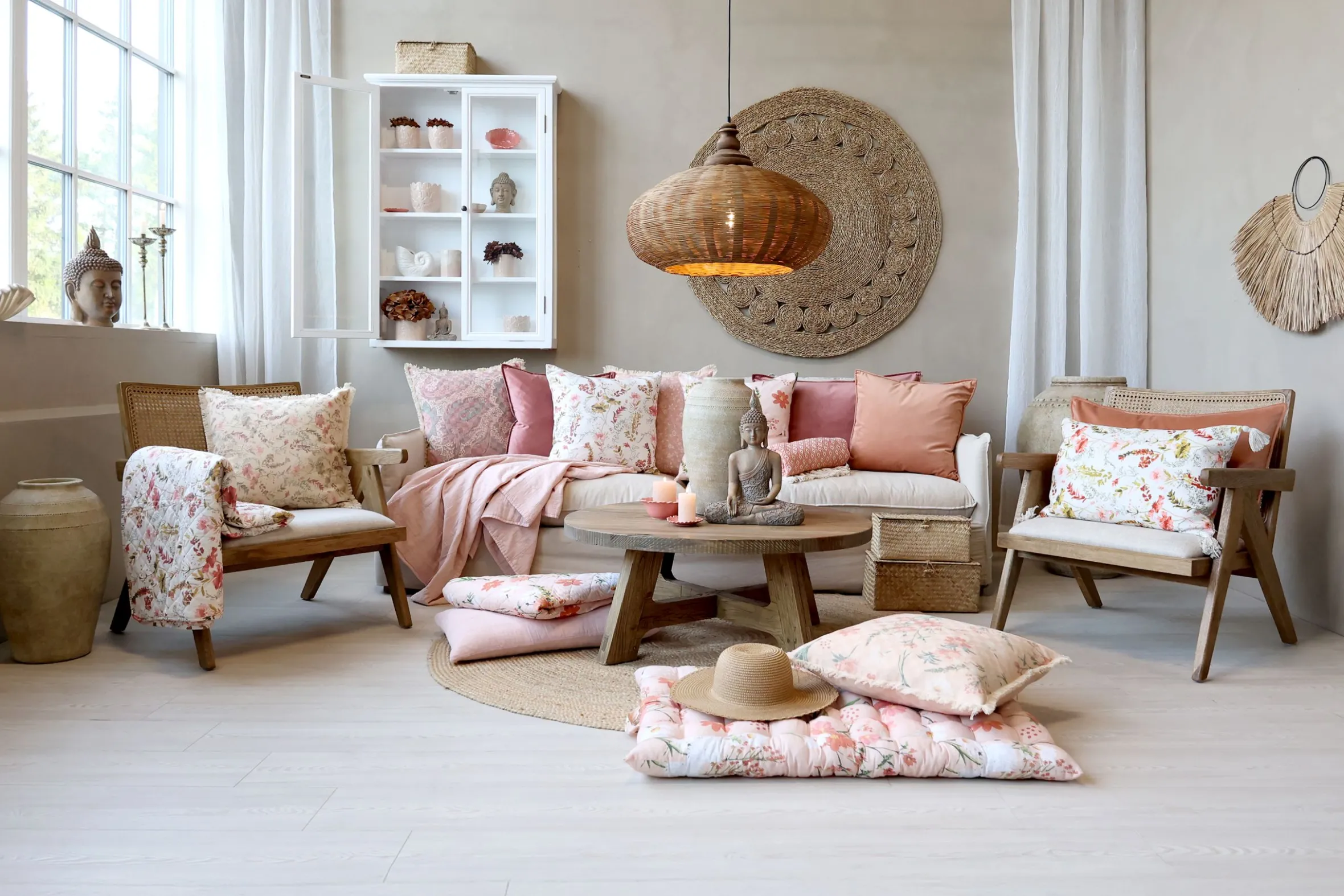 Vintage Hängelampe Chateau Rattangeflecht Mangoholz