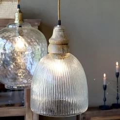 Vintage Hängelampe Maison De Campagne Glas Mangoholz Glockenform