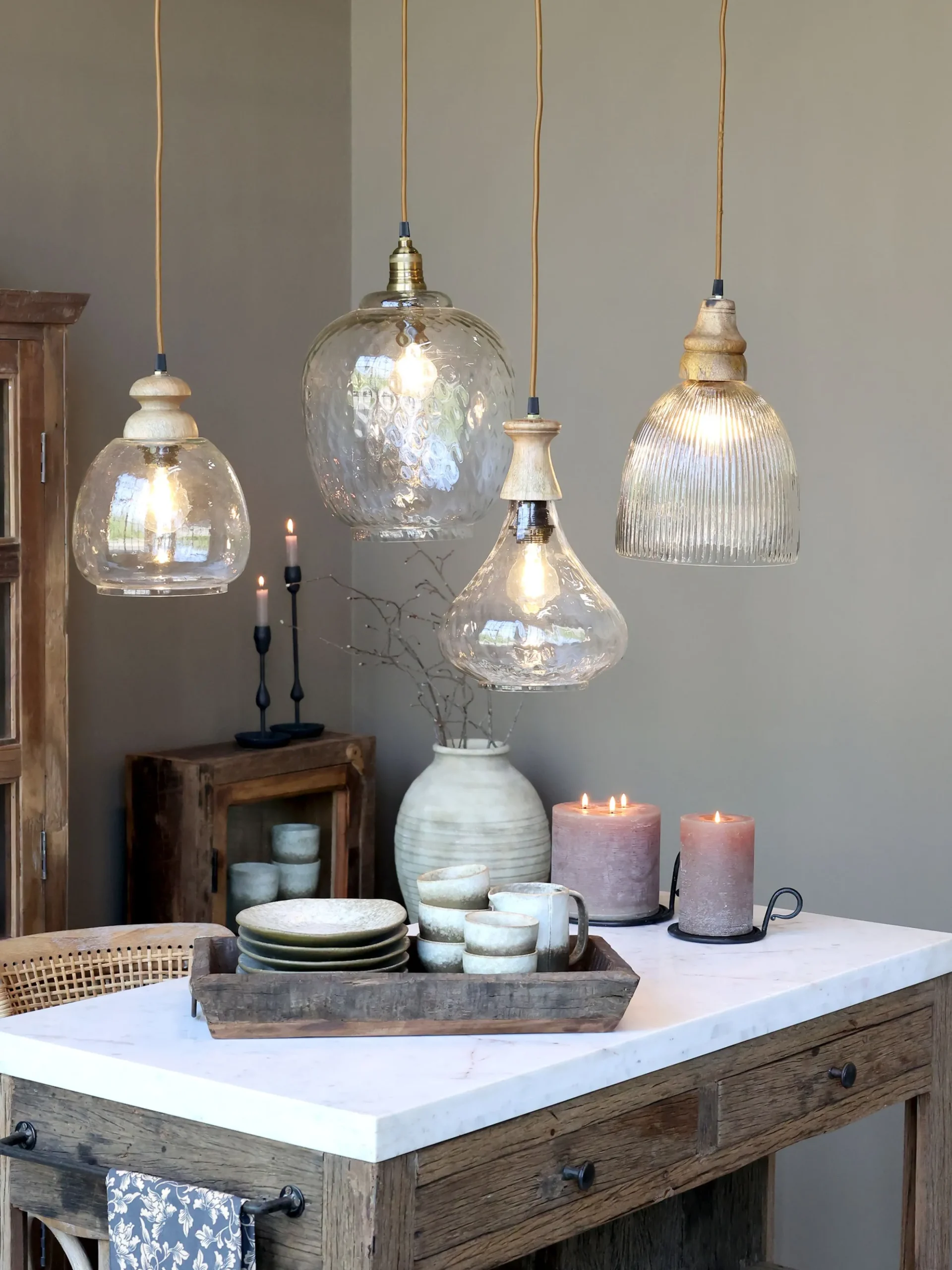 Vintage Hängelampe Maison De Campagne Glas Mangoholz Glockenform