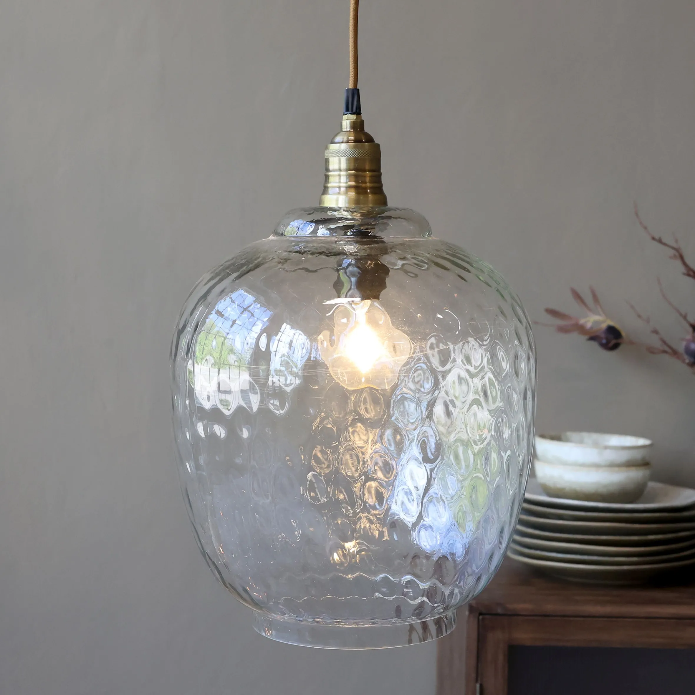 Vintage Hängelampe Maison De Campagne Glas Mangoholz Oval