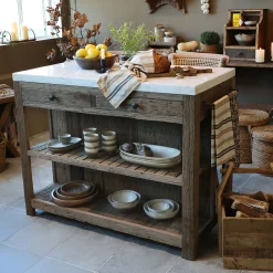 Vintage Kücheninsel Anrichtetisch Grimaud recyceltes Holz und Marmorplatte