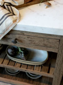 Vintage Kücheninsel Anrichtetisch Grimaud recyceltes Holz und Marmorplatte