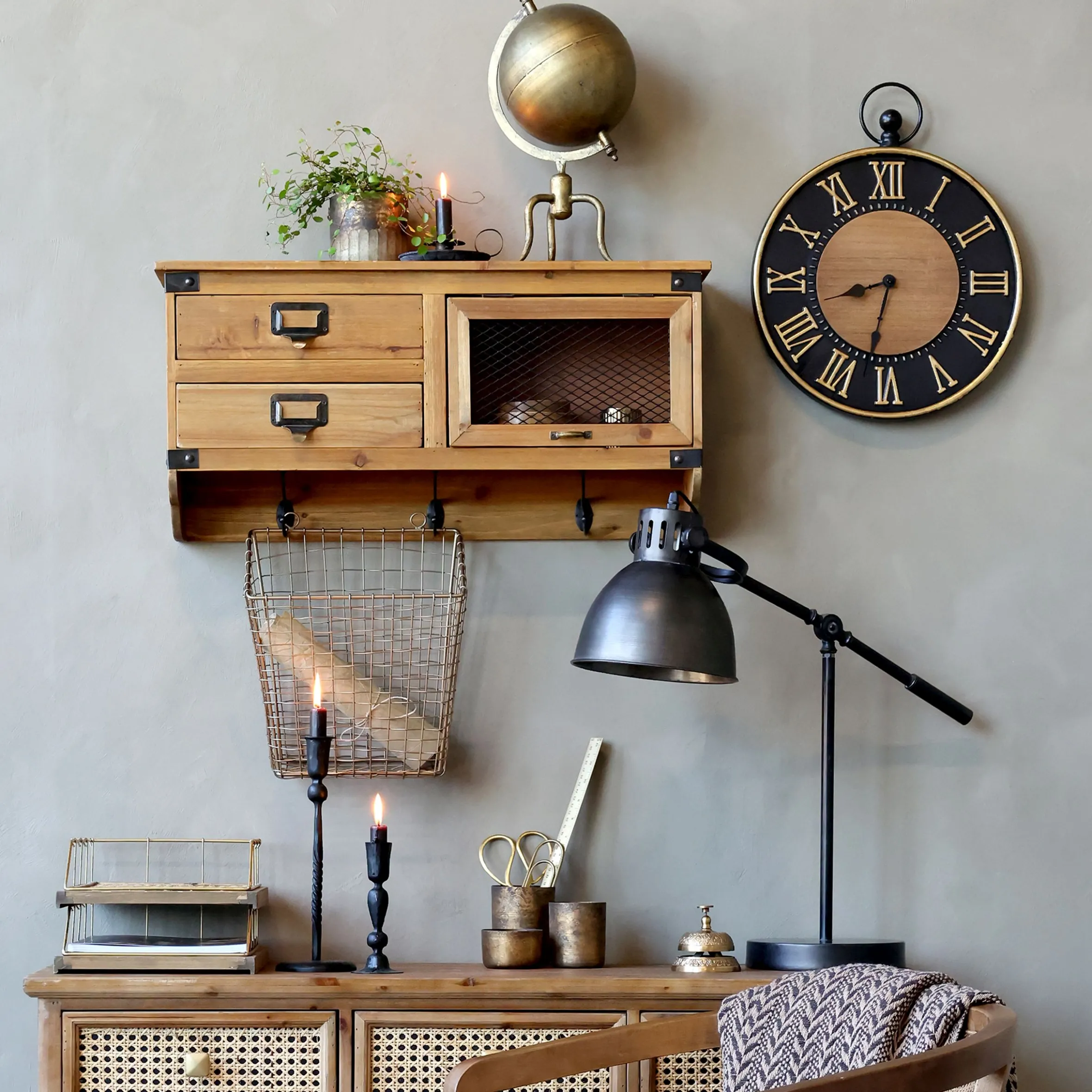 Vintage Wandregal Etienne 2 Schubladen, Fach und 3 Haken