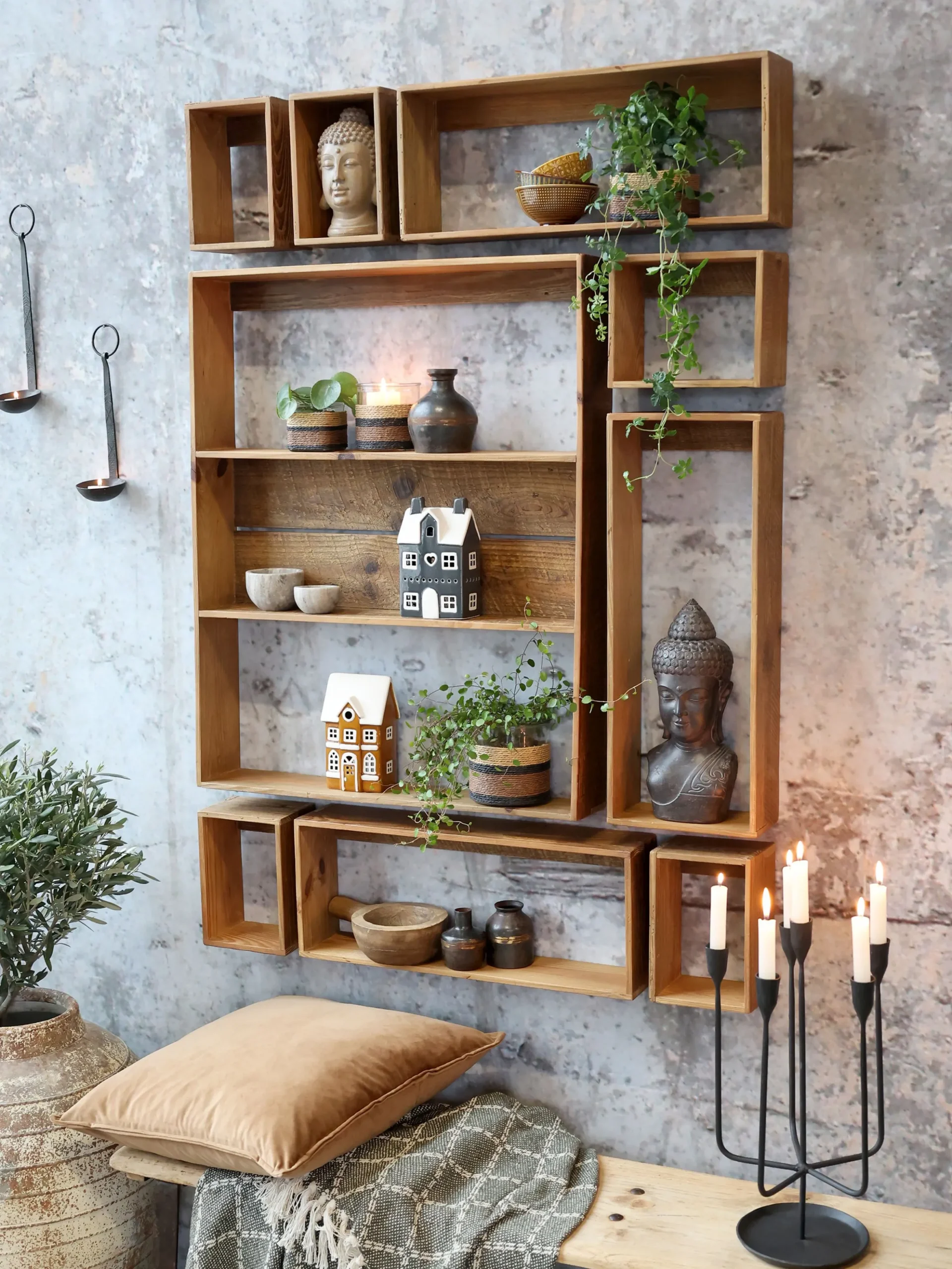 Vintage Wandregal Joel Holz 9er Set verschiedene Größen