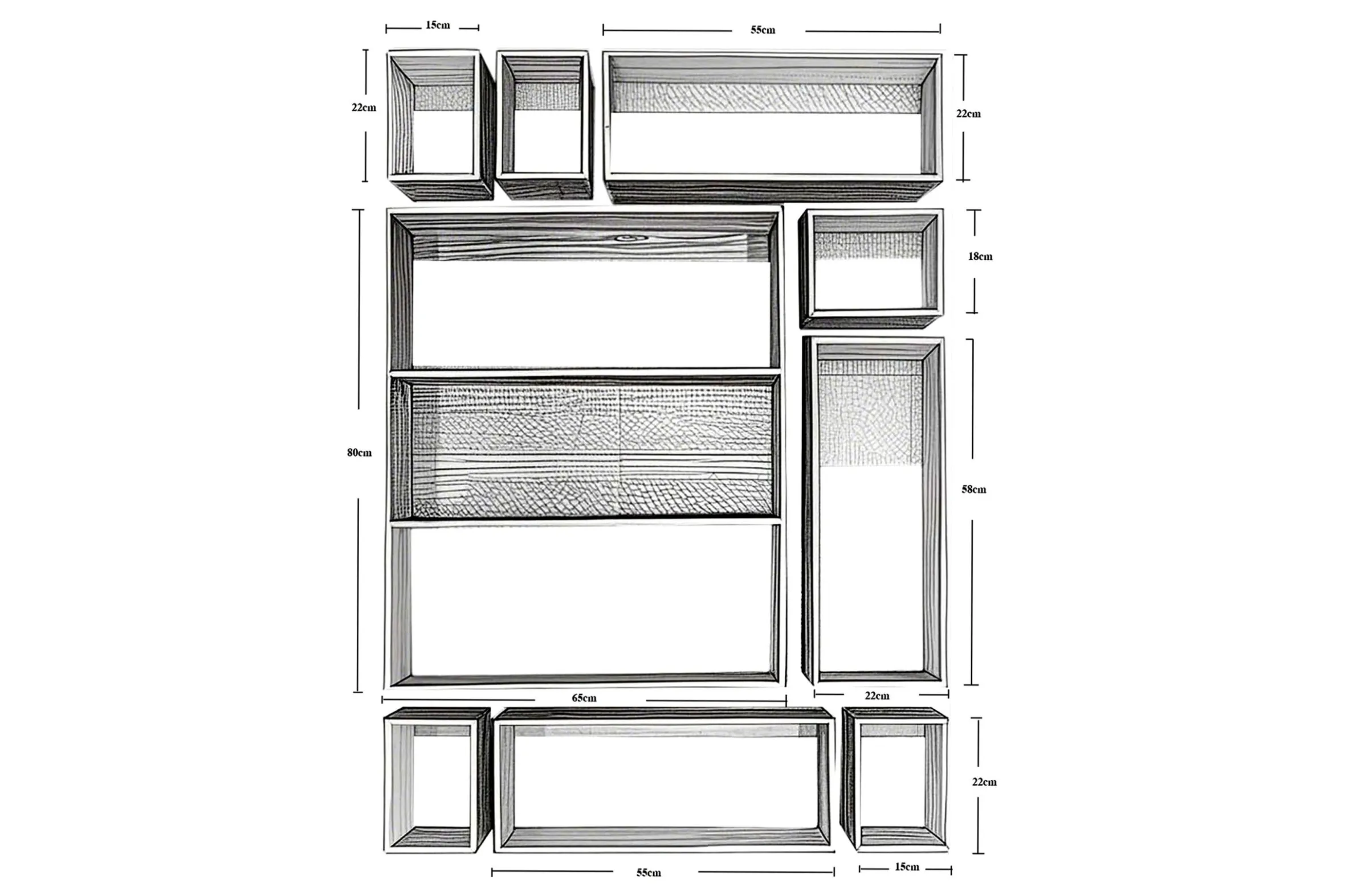Vintage Wandregal Joel Holz 9er Set verschiedene Größen